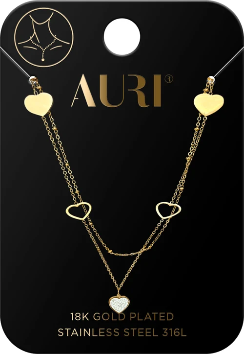 Lantisor cu pandativ AURI Doublenecklace Beads And 5 Hearts
