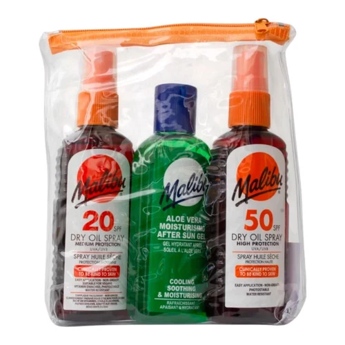 Set ingrijire p/u corp Malibu Travel Bag SPF20 Dry Oil, SPF50 Dry Oil & Aloe After Sun 3x100ml