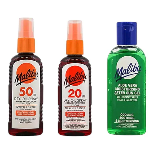 Set ingrijire p/u corp Malibu Travel Bag SPF20 Dry Oil, SPF50 Dry Oil & Aloe After Sun 3x100ml