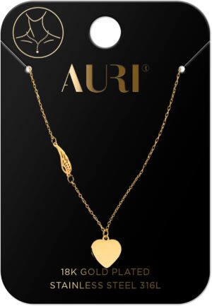 AURI Necklace With Heart Plaque And Feather