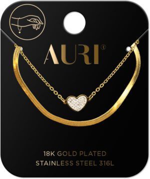 AURI Double Snake Chain Bracelet Chain And Heart